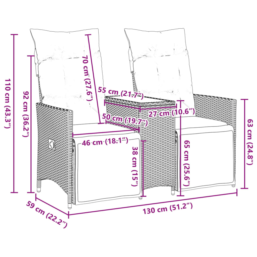 Divano Giardino Reclinabile 2 Posti Tavolino Beige Polyrattan