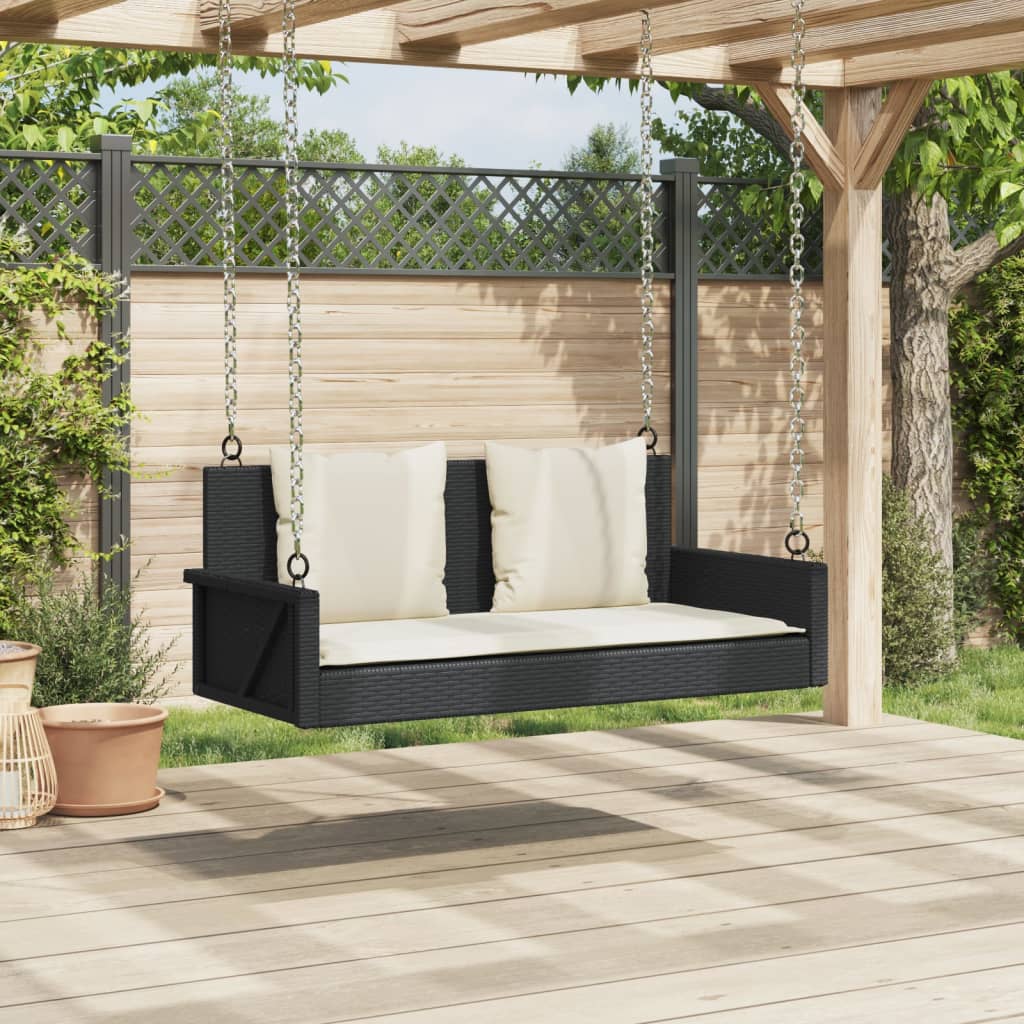 Panchina a Dondolo con Cuscini Nera 119x56x48 cm in Polyrattan