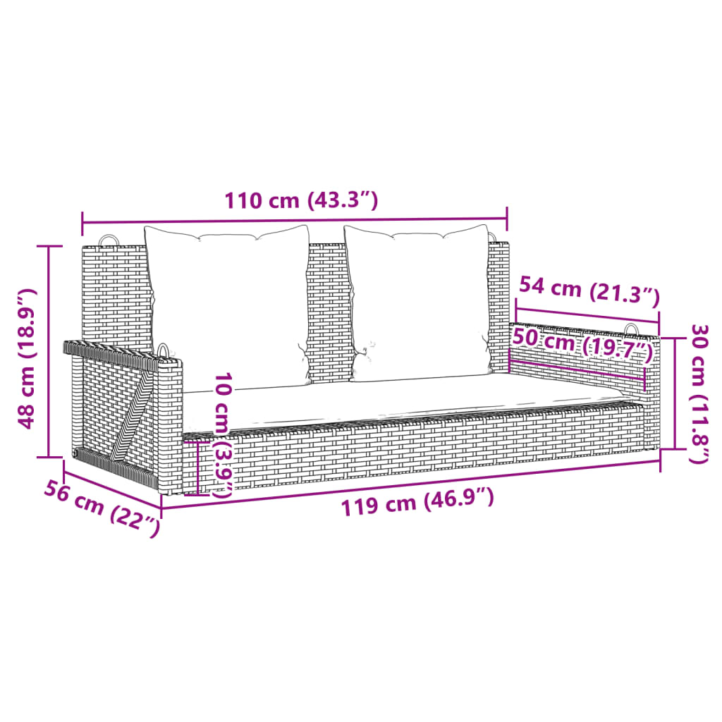 Panchina a Dondolo con Cuscini Nera 119x56x48 cm in Polyrattan