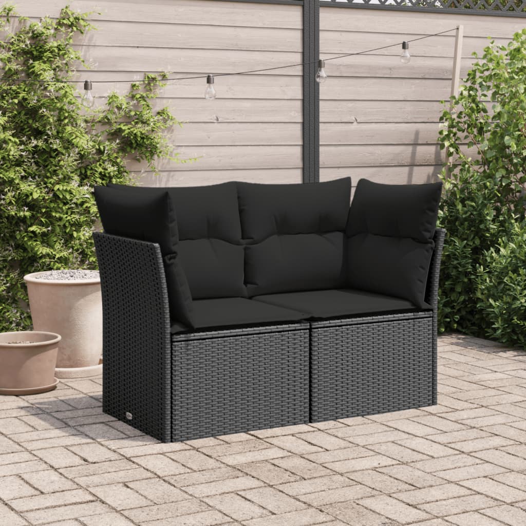 Divano da Giardino con Cuscini a 2 Posti Nero in Polyrattan