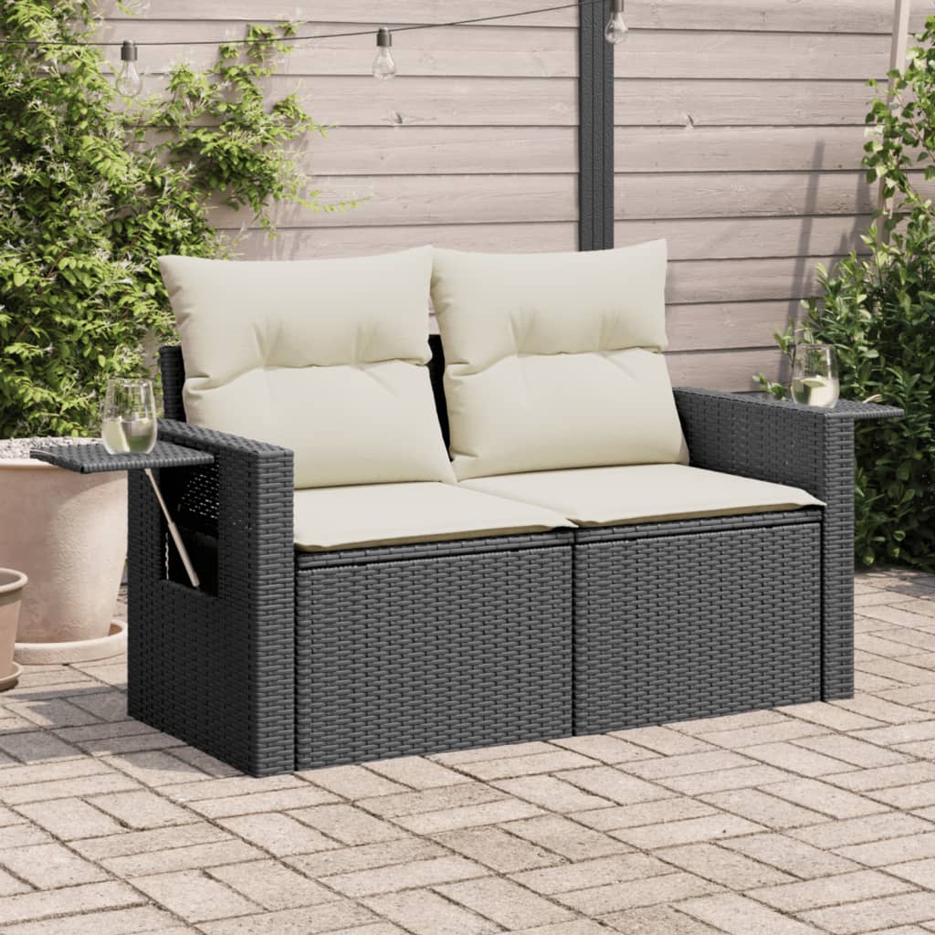 Divano da Giardino con Cuscini a 2 Posti Nero in Polyrattan