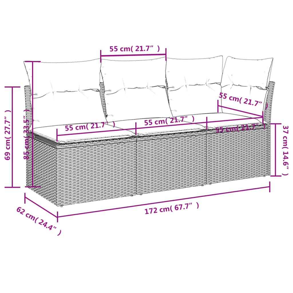 Divano da Giardino con Cuscini a 3 Posti Beige in Polyrattan