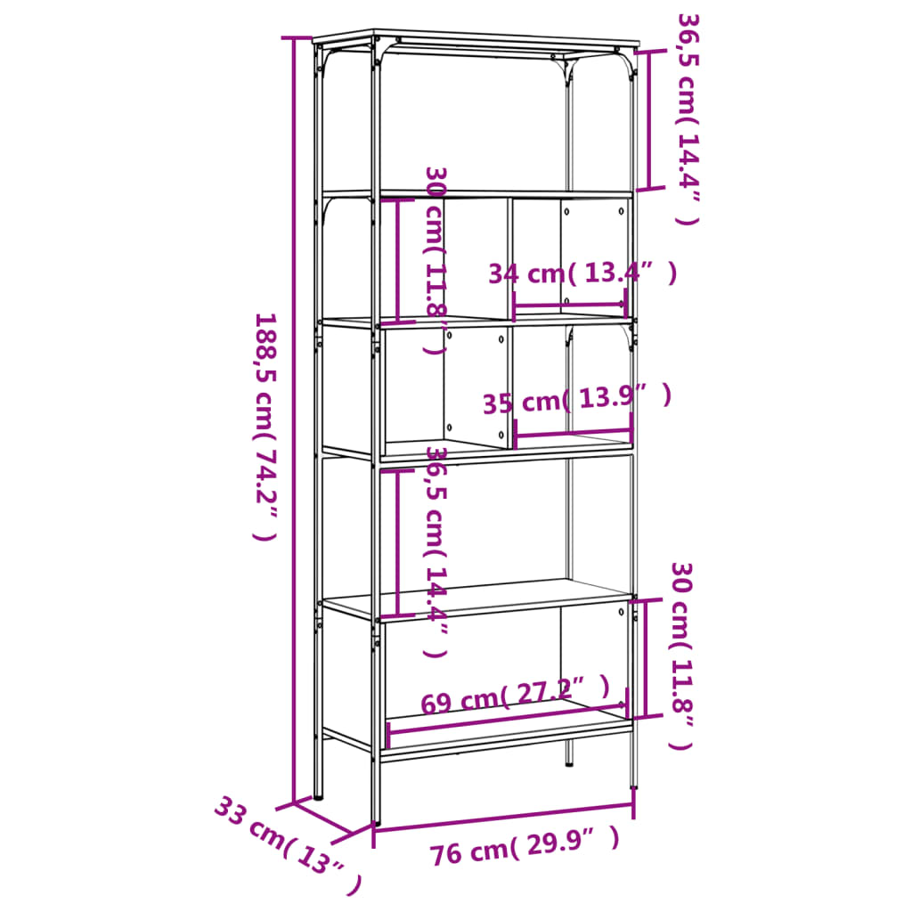 Libreria 5 Ripiani Rovere Marrone 76x33x188,5 Legno Multistrato