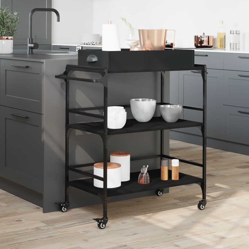 Carrello da Cucina Nero 81,5x41x92,5 cm in Legno Multistrato