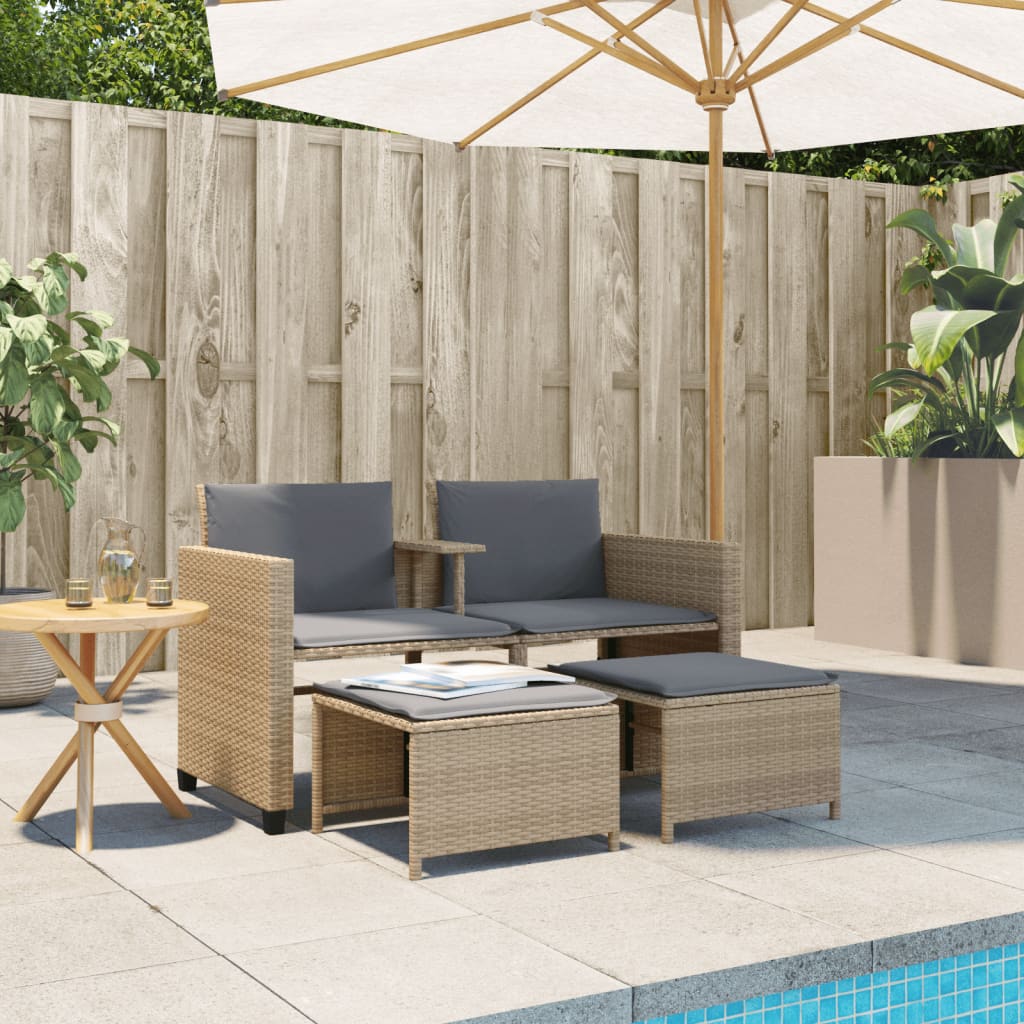 Divano Giardino 2 Posti con Tavolo e Sgabelli Beige Polyrattan