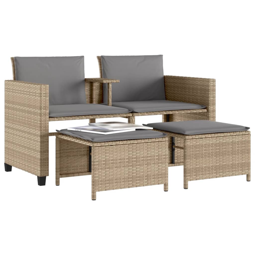 Divano Giardino 2 Posti con Tavolo e Sgabelli Beige Polyrattan