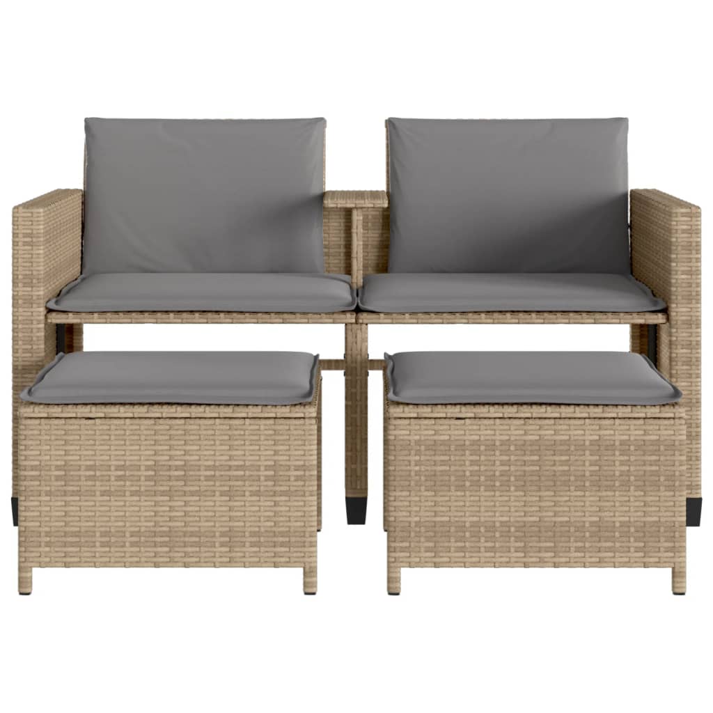 Divano Giardino 2 Posti con Tavolo e Sgabelli Beige Polyrattan