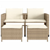 Divano Giardino 2 Posti con Tavolo e Sgabelli Beige Polyrattan