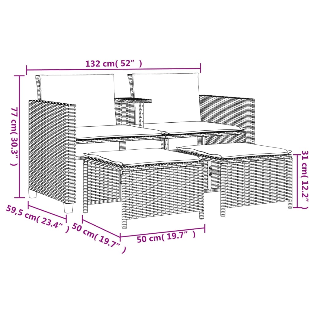 Divano Giardino 2 Posti con Tavolo e Sgabelli Beige Polyrattan