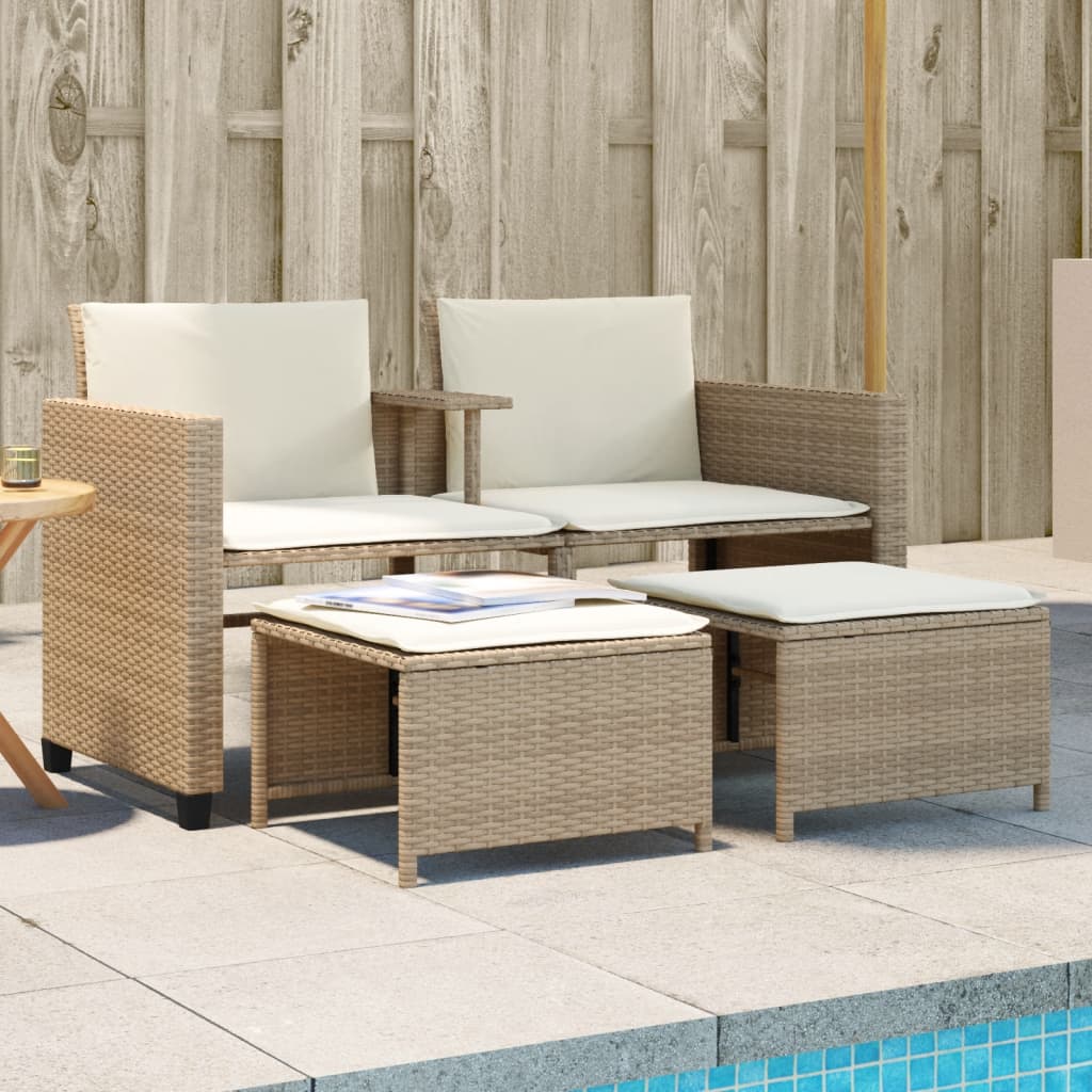 Divano Giardino 2 Posti con Tavolo e Sgabelli Beige Polyrattan