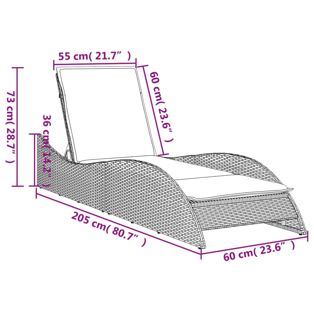 Lettino Prendisole con Cuscino Nero 60x205x73 cm in Polyrattan