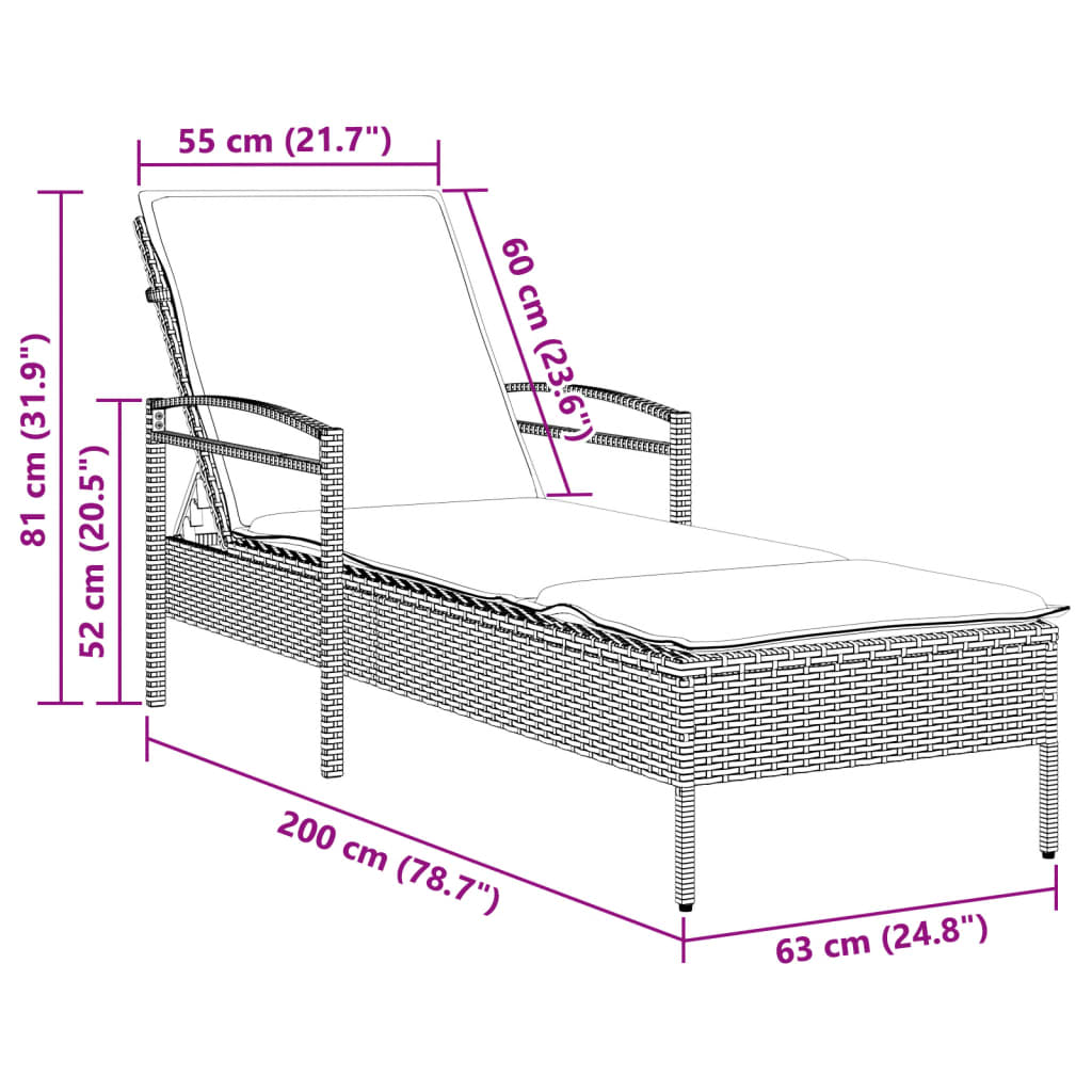 Lettino Prendisole con Cuscino Nero 63x200x81 cm in Polyrattan