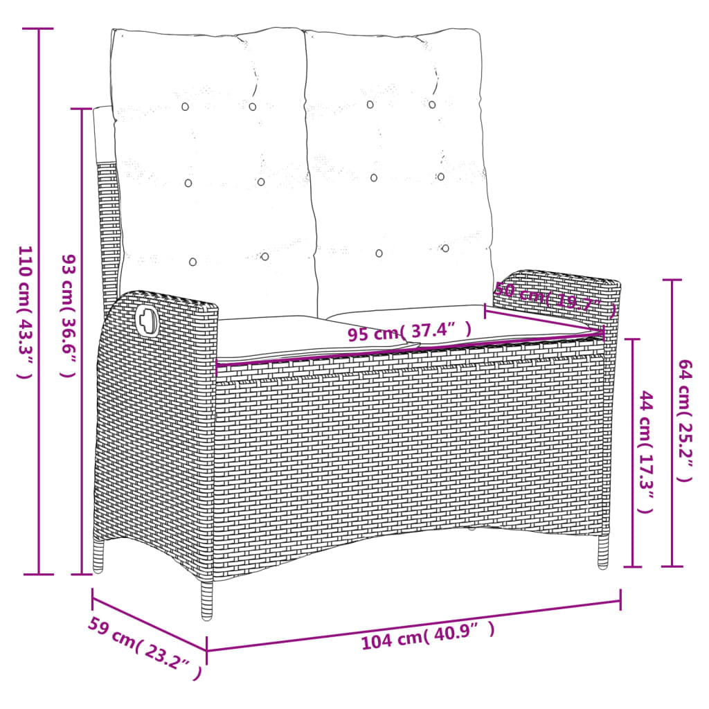 Panca Reclinabile da Giardino con Cuscini Beige in Polyrattan