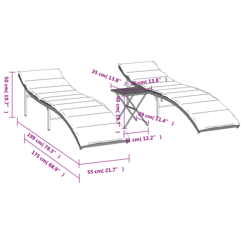 Lettini Prendisole 2 pz con Tavolino Marrone in Polyrattan