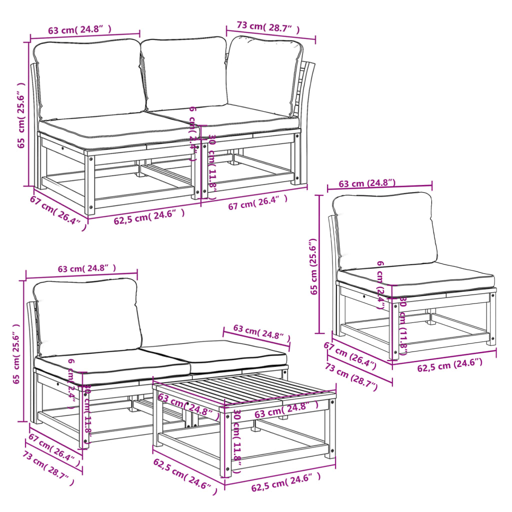 Set Salotto da Giardino 6 pz con Cuscini in Massello di Acacia
