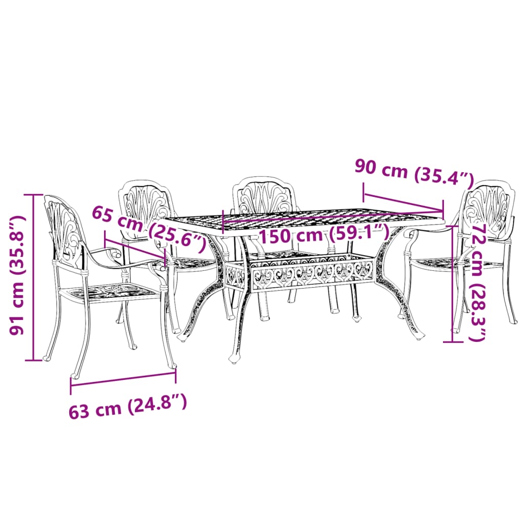 Set da Pranzo da Giardino 5 pz Nero in Alluminio Pressofuso