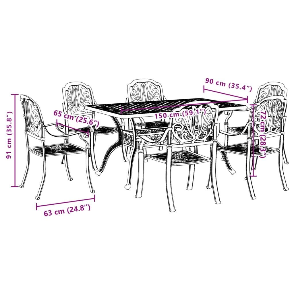 Set da Pranzo da Giardino 7 pz Nero in Alluminio Pressofuso