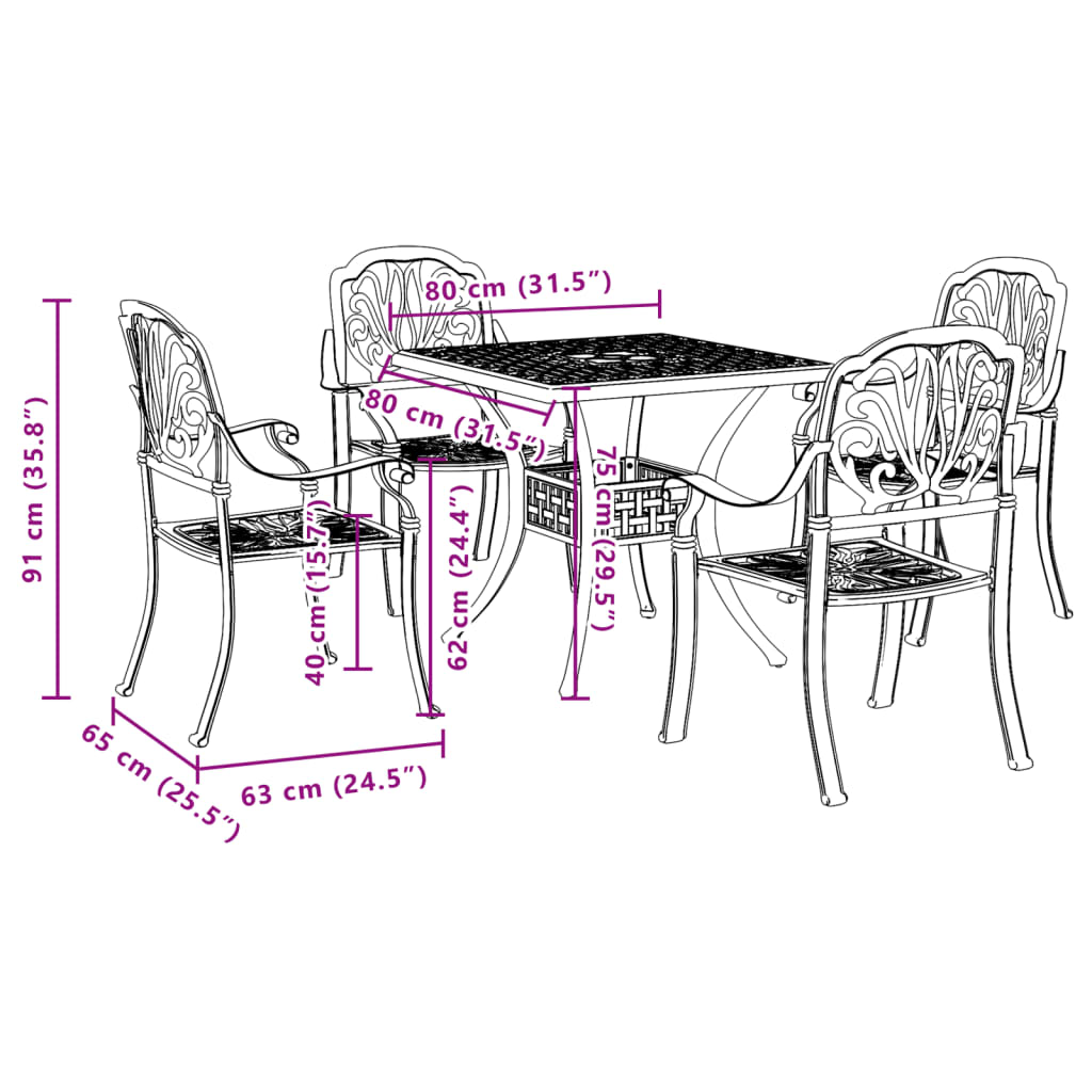 Set da Pranzo da Giardino 5 pz Nero in Alluminio Pressofuso