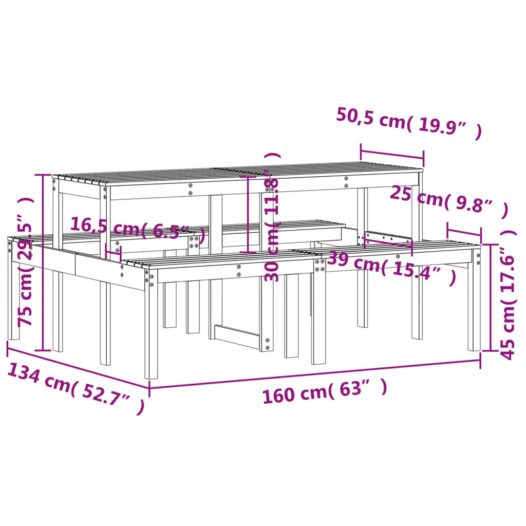 Tavolo da Picnic Bianco 160x134x75 cm in Legno Massello di Pino