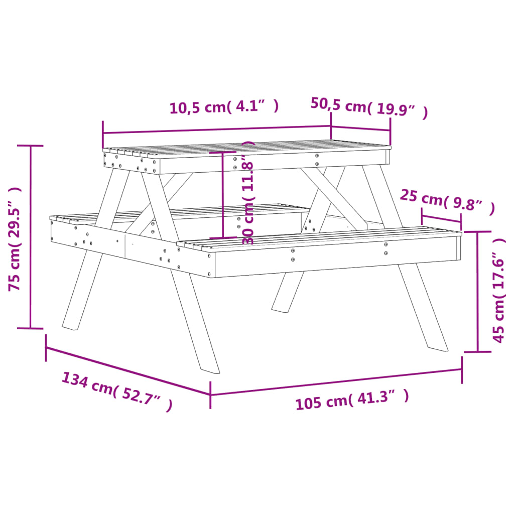Tavolo da Picnic 105x134x75 cm in Legno Impregnato di Pino