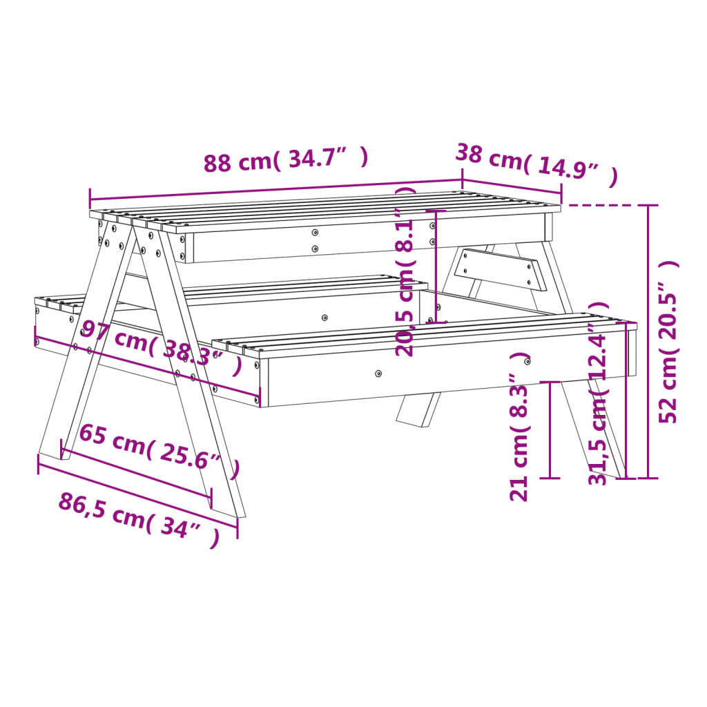 Tavolo Picnic per Bambini Bianco 88x97x52cm Legno Massello Pino