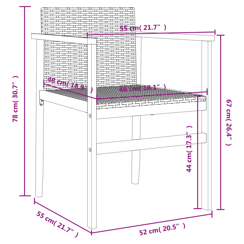 Sedie da Giardino 2 pz Grigie in Polyrattan e Legno Massello