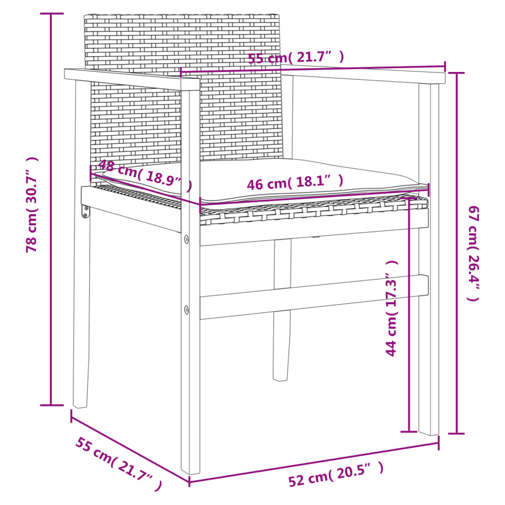 Sedie Giardino con Cuscini 2pz Nere Polyrattan e Legno Massello