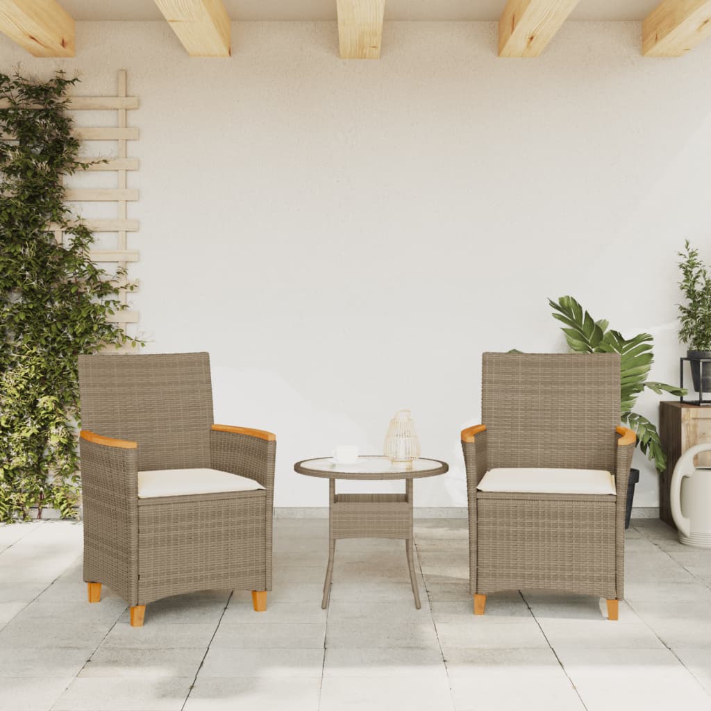 Sedie Giardino con Cuscini 2 pz Beige Polyrattan Legno Massello