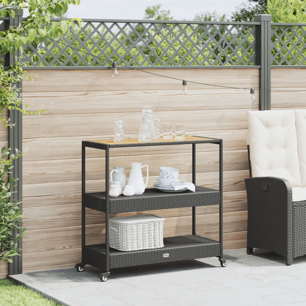 Carrello da Bar 3 Livelli Nero in Polyrattan e Legno Acacia