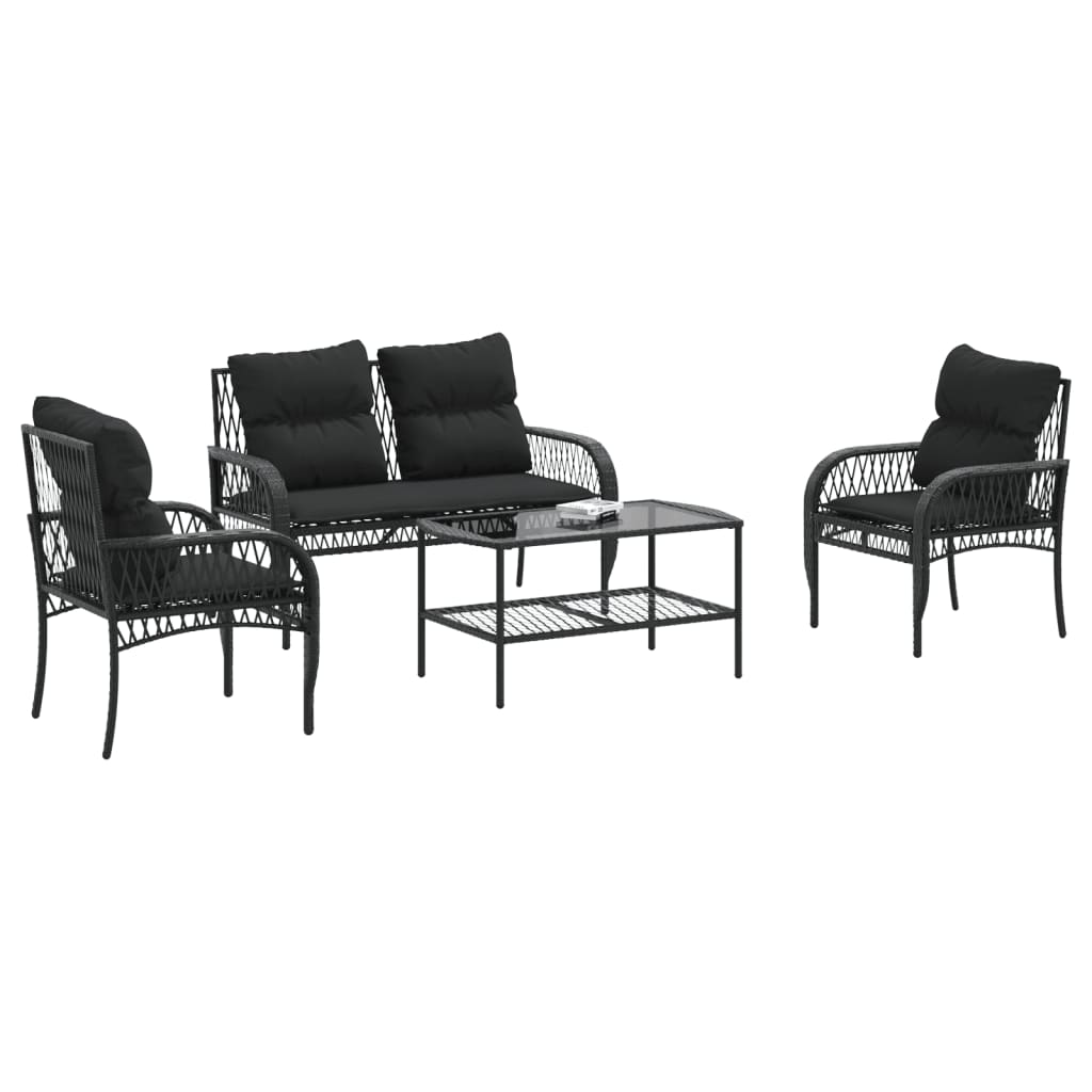 Set Divani da Giardino 4 pz con Cuscini Nero in Polyrattan