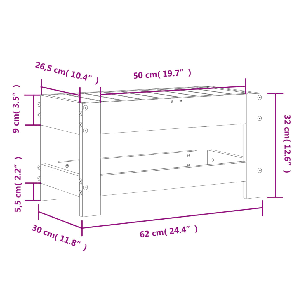 Poggiapiedi da Giardino 62x30x32 cm in Legno Massello di Pino