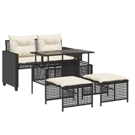 Set Divani da Giardino 4 pz con Cuscini Nero Polyrattan Vetro