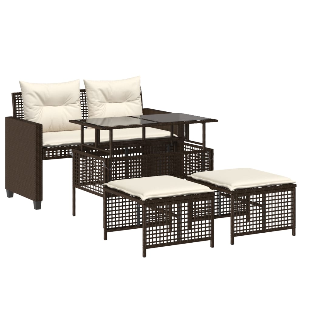 Set Divano da Giardino 4 pz Cuscini Marrone Polyrattan e Vetro