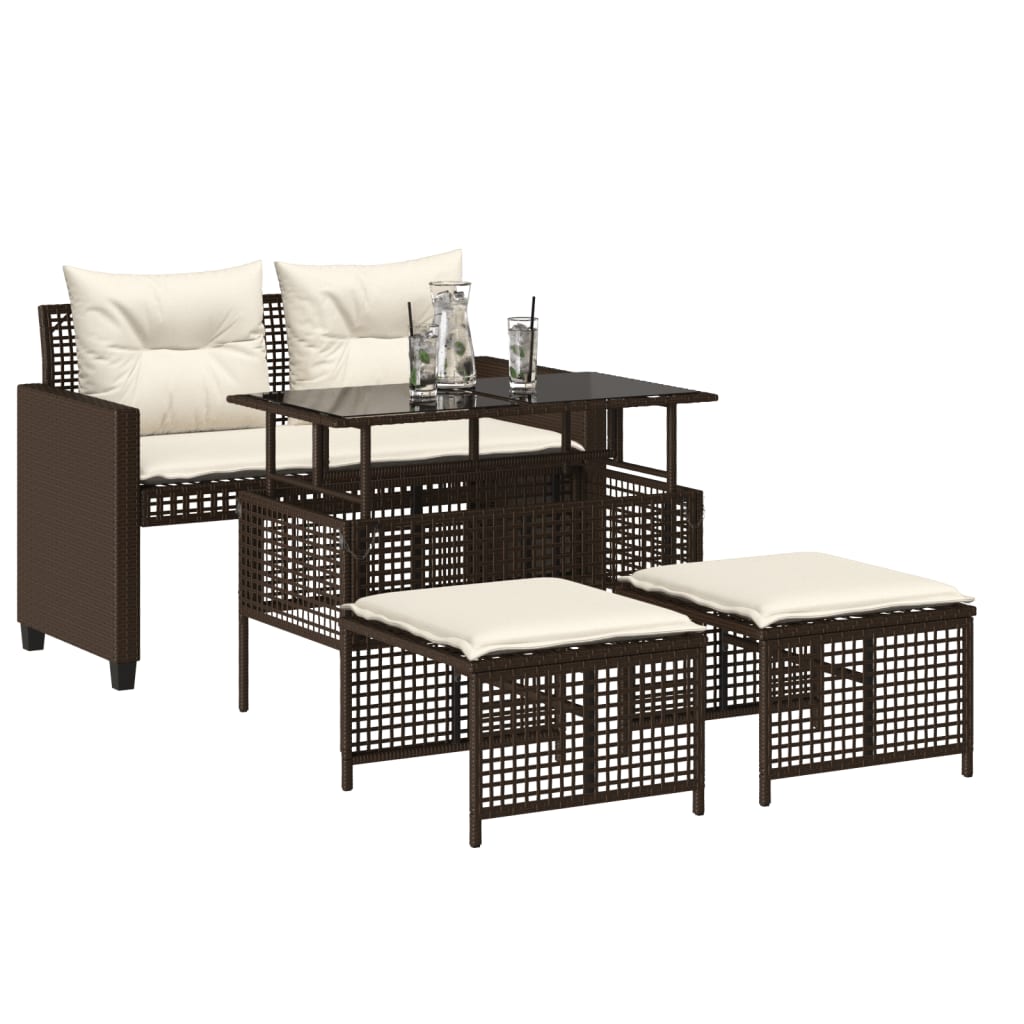 Set Divano da Giardino 4 pz Cuscini Marrone Polyrattan e Vetro