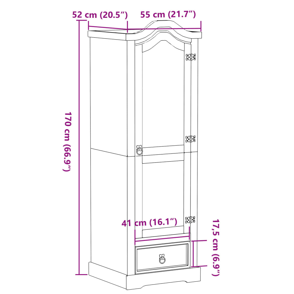 Armadio Corona 55x52x170 cm in Legno Massello di Pino