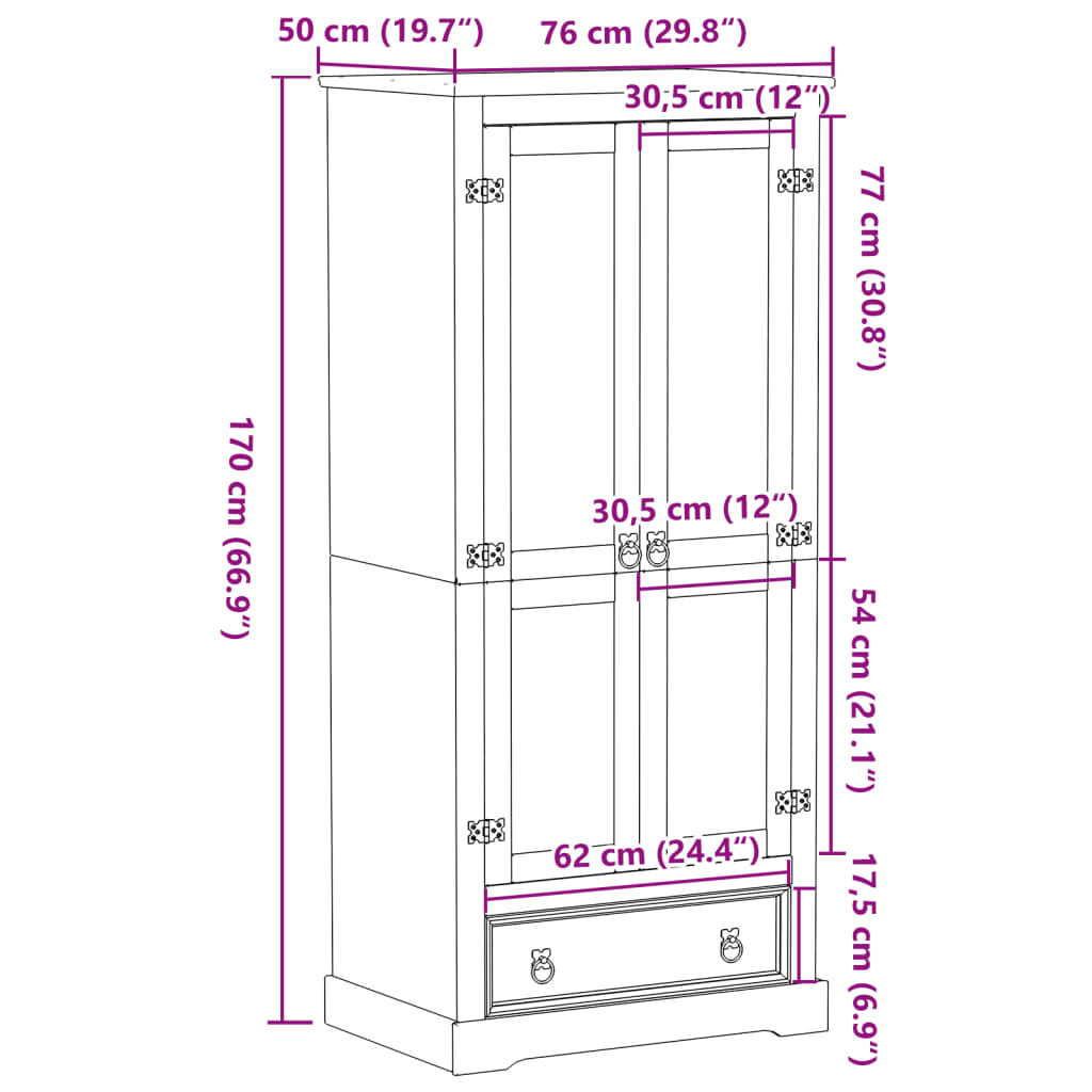 Armadio Corona 76x50x170 cm in Legno Massello di Pino