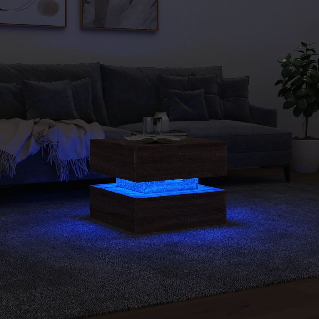 Tavolino da Salotto con Luci LED Rovere Marrone 50x50x40 cm