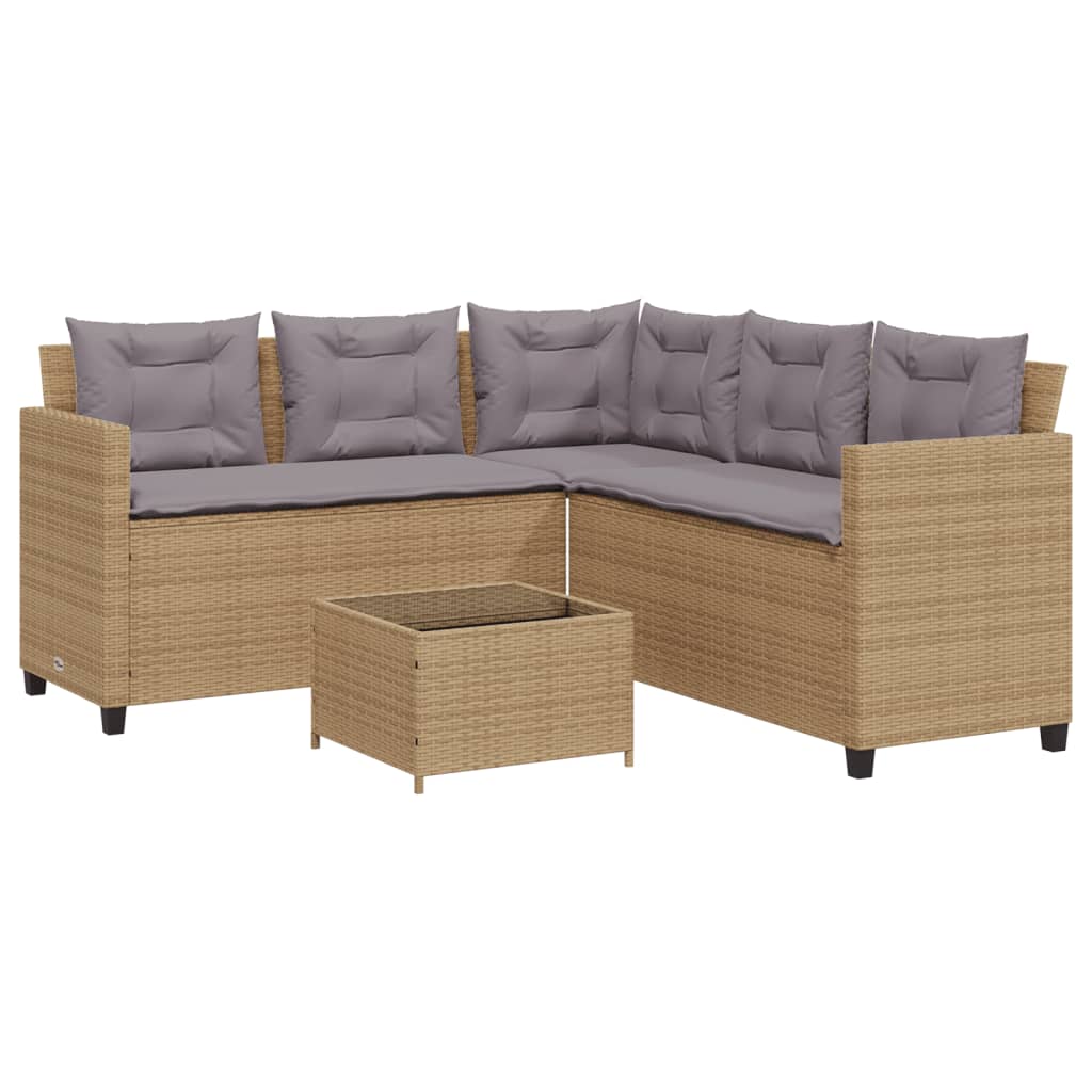 Divano da Giardino con Tavolo e Cuscini a L Beige in Polyrattan