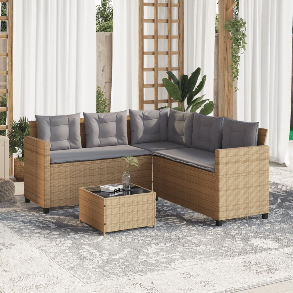 Divano da Giardino con Tavolo e Cuscini a L Beige in Polyrattan