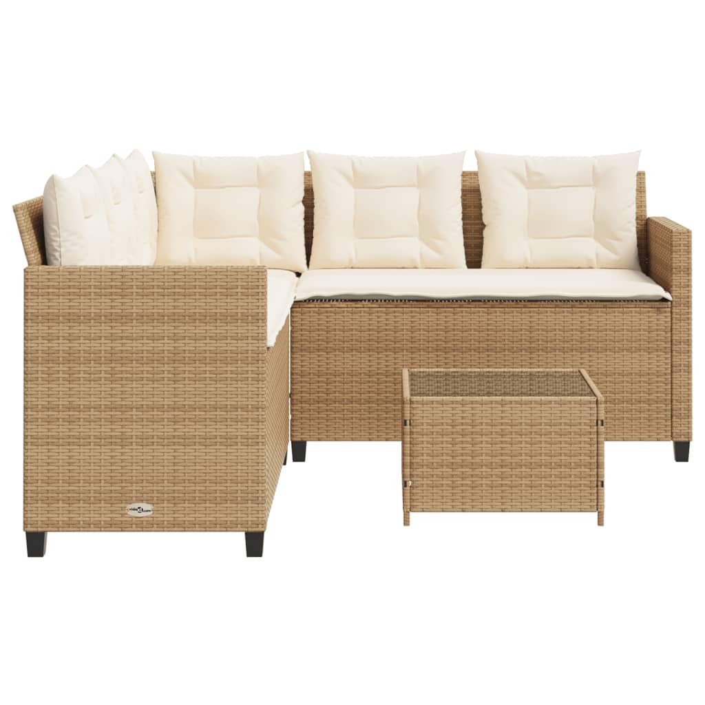 Divano da Giardino con Tavolo e Cuscini a L Beige in Polyrattan