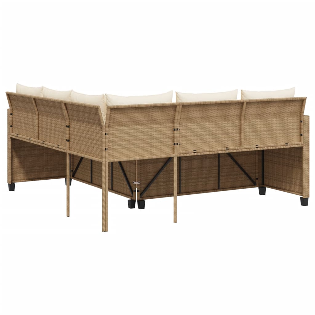 Divano da Giardino con Tavolo e Cuscini a L Beige in Polyrattan