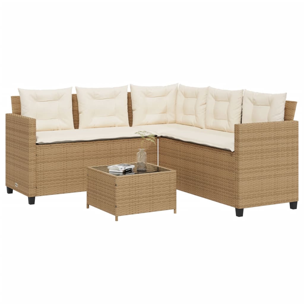 Divano da Giardino con Tavolo e Cuscini a L Beige in Polyrattan