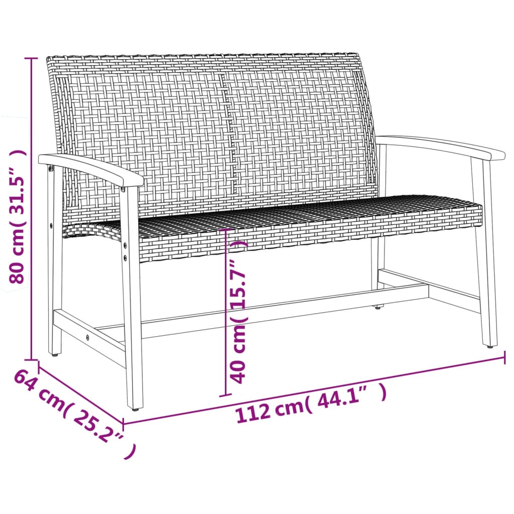 Panca da Giardino Nera 112 cm in Polyrattan e Legno di Acacia