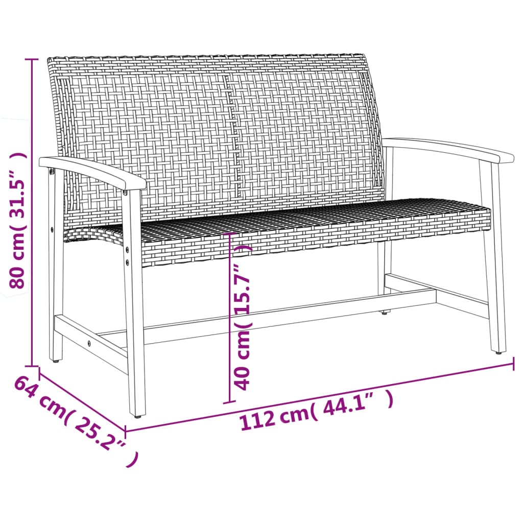 Panca da Giardino Grigia 112 cm in Polyrattan e Legno di Acacia