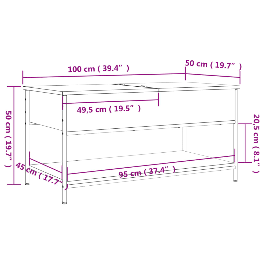 Tavolino Salotto Rovere Marrone 100x50x50cm Multistrato Metallo