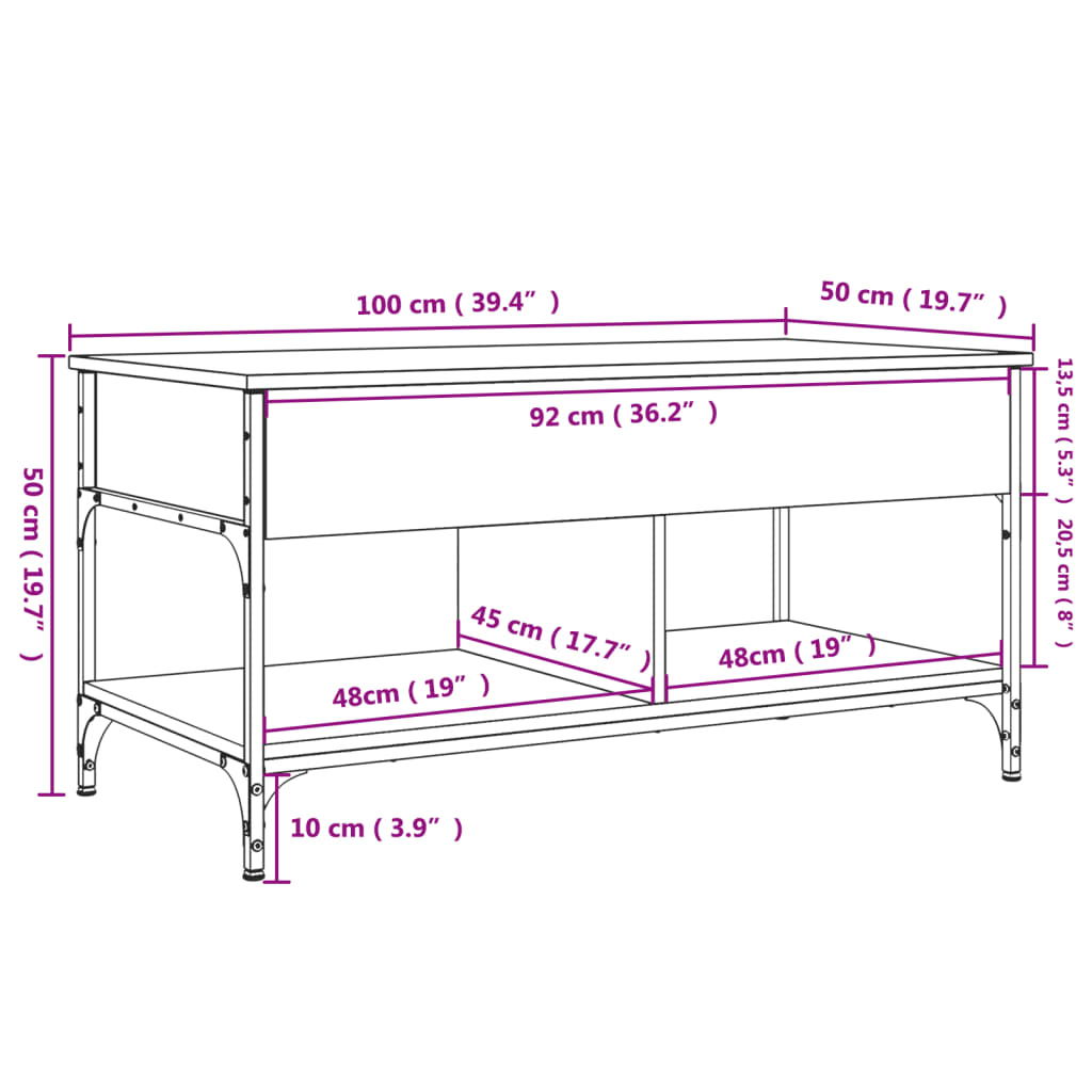 Tavolino Salotto Rovere Sonoma 100x50x50 cm Multistrato Metallo