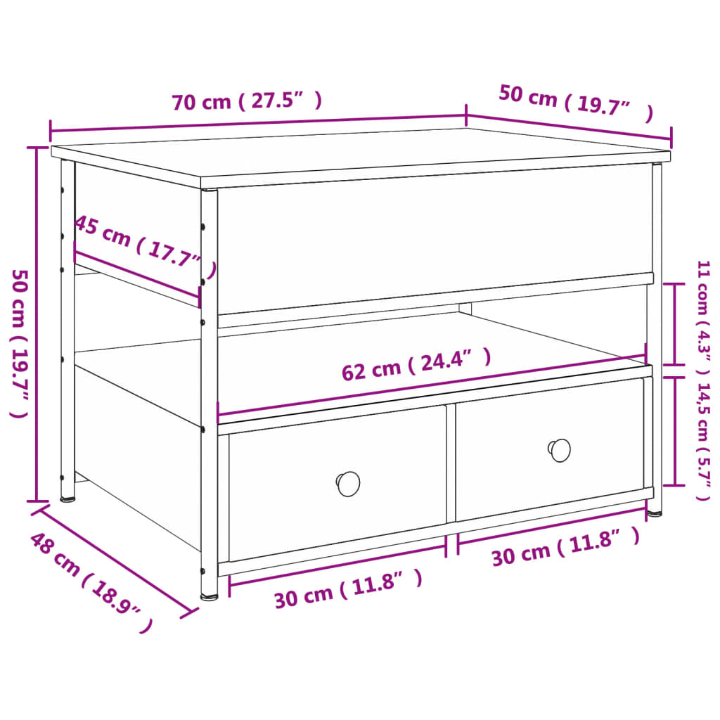 Tavolino da Salotto Nero 70x50x50cm Legno Multistrato Metallo