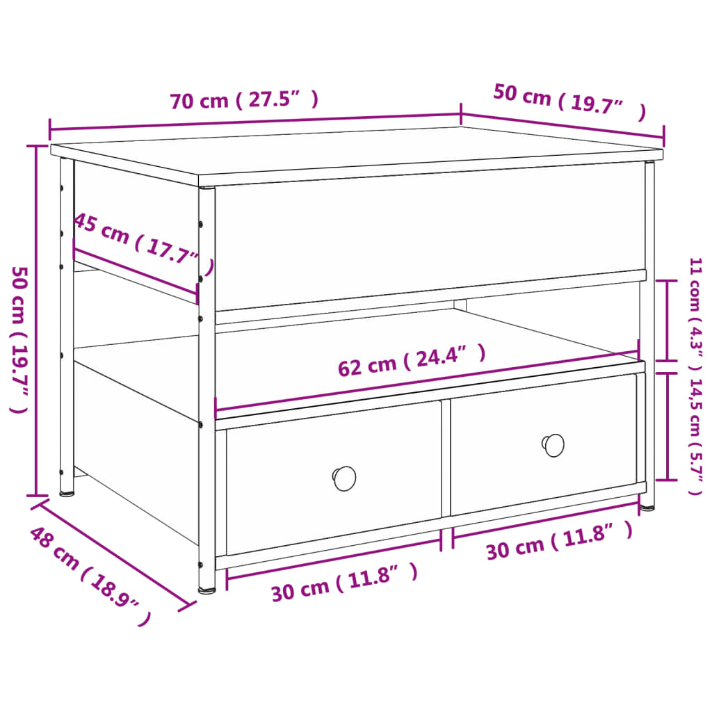 Tavolino Salotto Rovere Marrone 70x50x50cm Multistrato Metallo