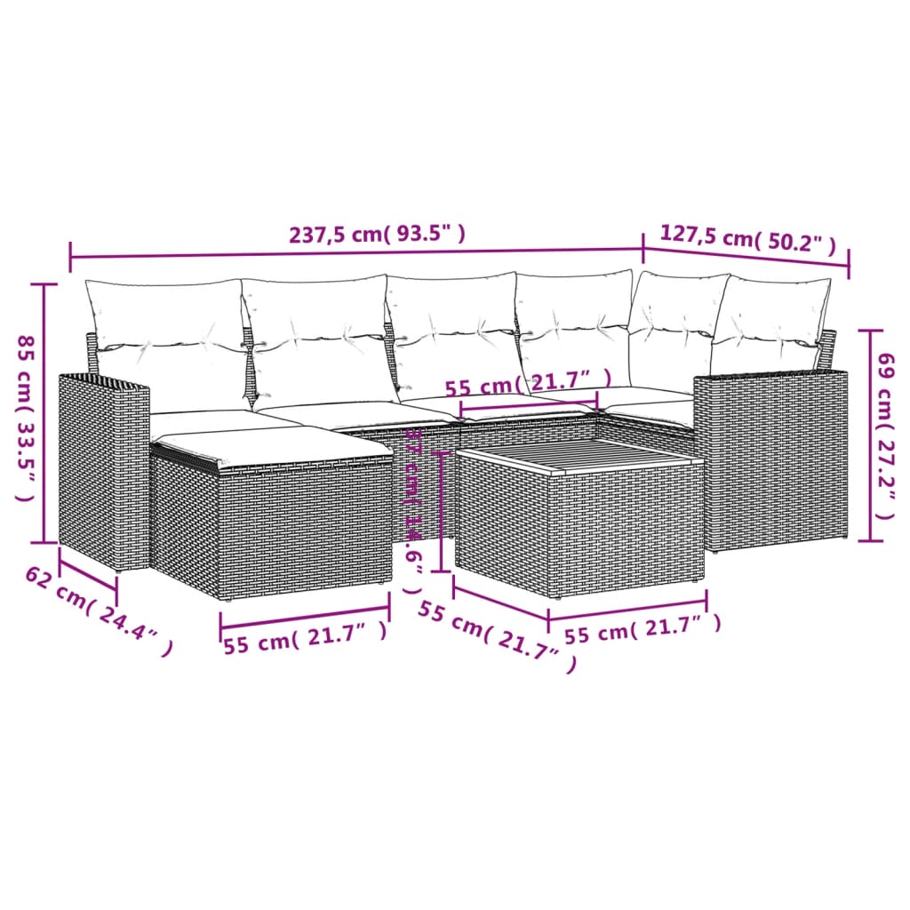 Set Divani da Giardino con Cuscini 7pz Nero Polyrattan