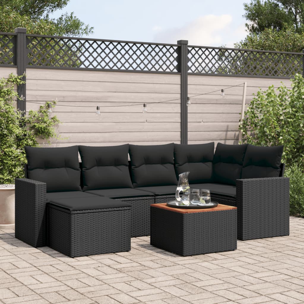 Set Divani da Giardino con Cuscini 7pz Nero Polyrattan